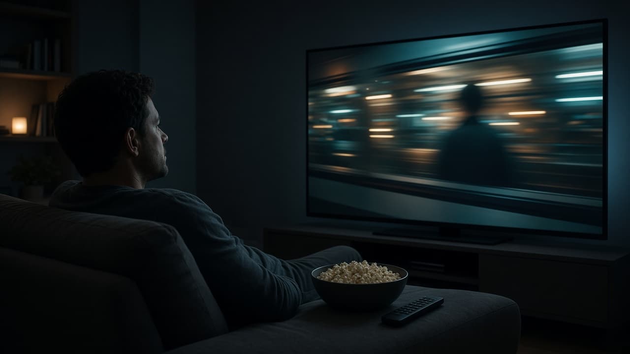 A man on a sofa with popcorn, watching a film on a large television.