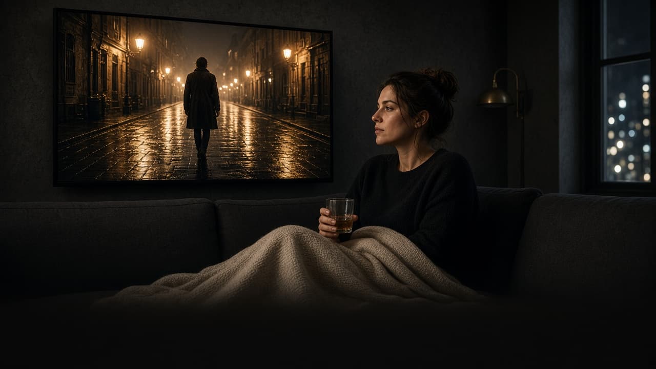 A woman on a sofa, wrapped in a throw, watching a rainy night film on a large television.