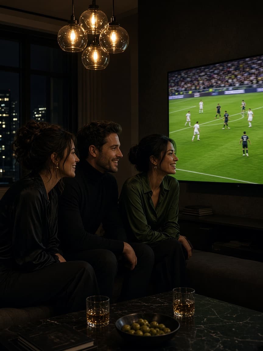 Three friends on a sofa watching a football match on a large television at night.
