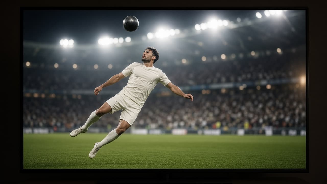 A television filling the frame with a footballer leaping toward the ball under stadium lights.