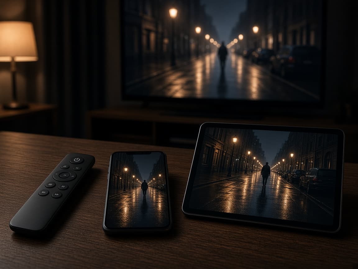 A remote, a phone, and a tablet on a wood table, each showing the same night film, with the television behind them.