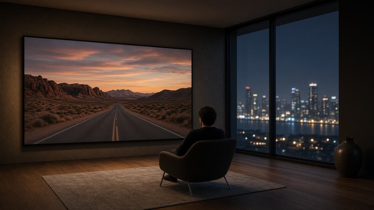 A person in a lounge chair watching a film of an open road, with the city lit beyond the window.